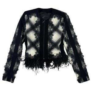 BCBGMAXAZRIA Ostritch Feather Trim Cropped Jacket Black Size XXS